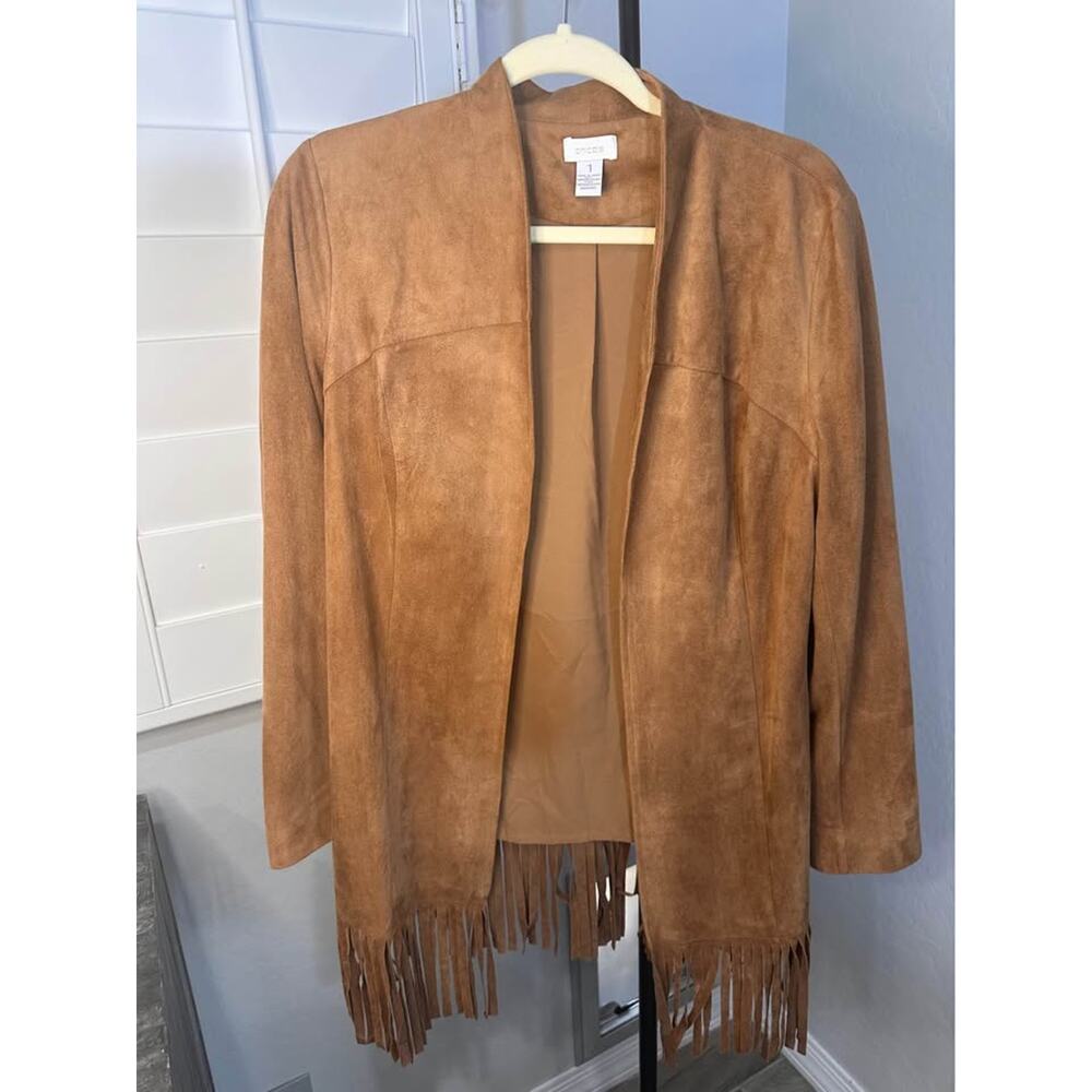 Chicos Faux‎ Suede Fringe Open Front Jacket-size 1